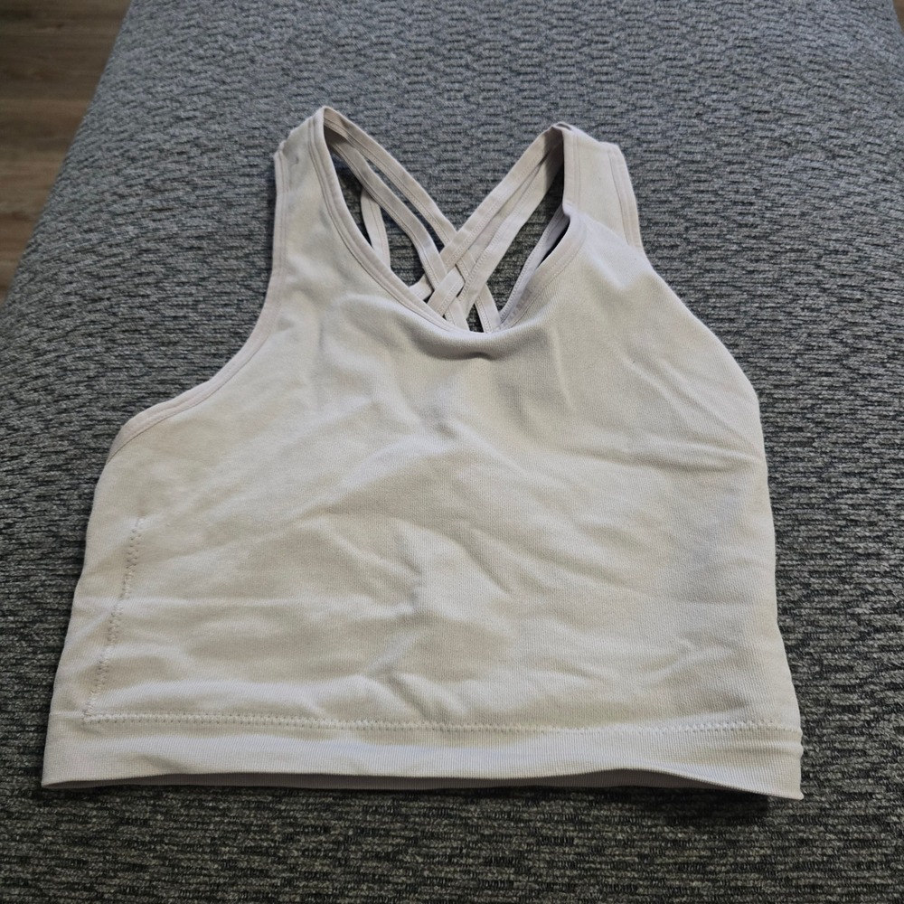 Pro-Fit Seamless Sports Bra Womens Medium Tan Strappy Lattice Back Crop Top